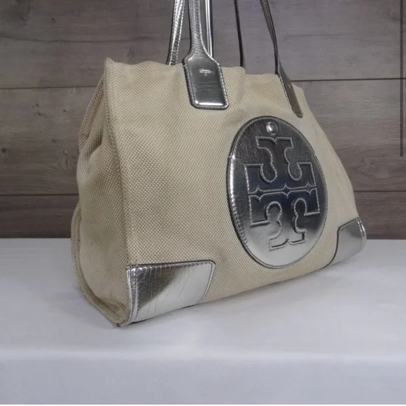 Tory Burch Small Ella Natural Canvas Silver Leather Trim Tote Bag Purse - Picture 2 of 8